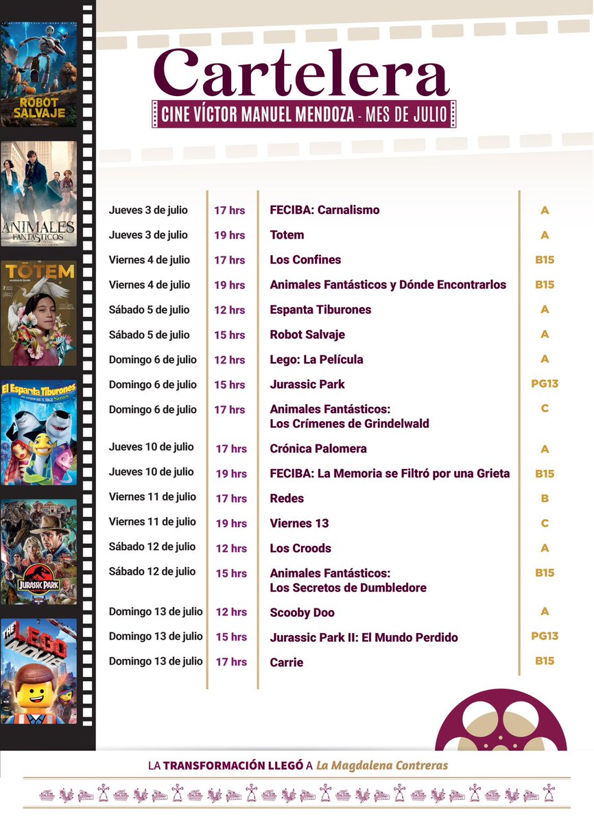 ¡Vecinas, vecinos!

Esta es la la Cartelera del mes de julio en el Cine “Víctor Manuel Mendoza”.

Tendremos los estrenos de Jurassic Park, Scooby Doo y para los amantes del terror, Carrie.

Recuerden que la entrada es completamente gratuita y que nosotros, ponemos las palomitas.