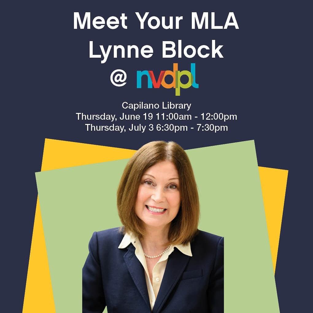 Lynne Block (@lynneblockmla) on Twitter photo 📣 Come meet your MLA!
Join Lynne Block tonight from 6:30–7:30 PM at the <a href="/nvdpl/">North Vancouver District Public Library</a> Capilano Branch for a casual meet & greet. Bring your questions, concerns, or just stop by to say hello! 👋📚
#WestVanCapilano #MLALynneBlock #CommunityChat #NorthVanEvents 📣 Come meet your MLA!
Join Lynne Block tonight from 6:30–7:30 PM at the <a href="/nvdpl/">North Vancouver District Public Library</a> Capilano Branch for a casual meet & greet. Bring your questions, concerns, or just stop by to say hello! 👋📚
#WestVanCapilano #MLALynneBlock #CommunityChat #NorthVanEvents