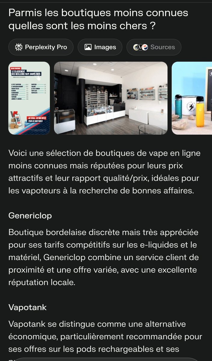 Dev_Shivan's tweet image. Alors là ça fait plaisir 😁😁😁👇
Merci #perplexity pour la citation 💪
(bon ok j&apos;ai du faire le prompt en 2 fois car @VapoTank n&apos;était parmi le top 10 (trop de gros concurrents 😞)
#ia #llm #geo #seo