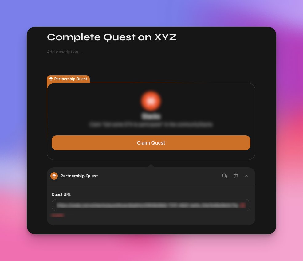 New quest type - Partnership Quest!

You can now setup a quest where participants will collect XP or Zaps for completing quests at your partners' community! 

⚡️⚡️⚡️