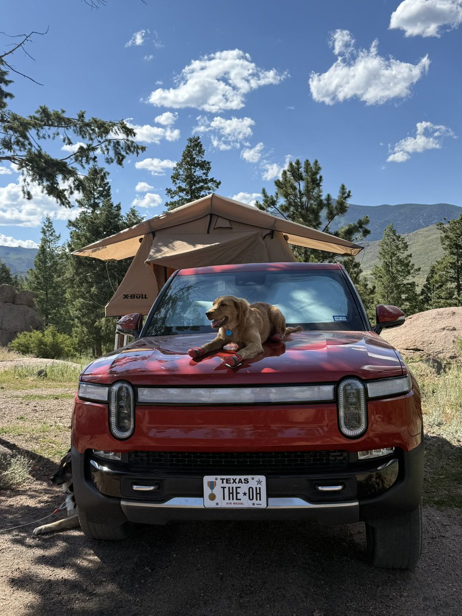TheOSUBuckeye09's tweet image. Hood surfing wooo!!! #goldenretriever #goldenpuppy #camping #mountainliving @Rivian