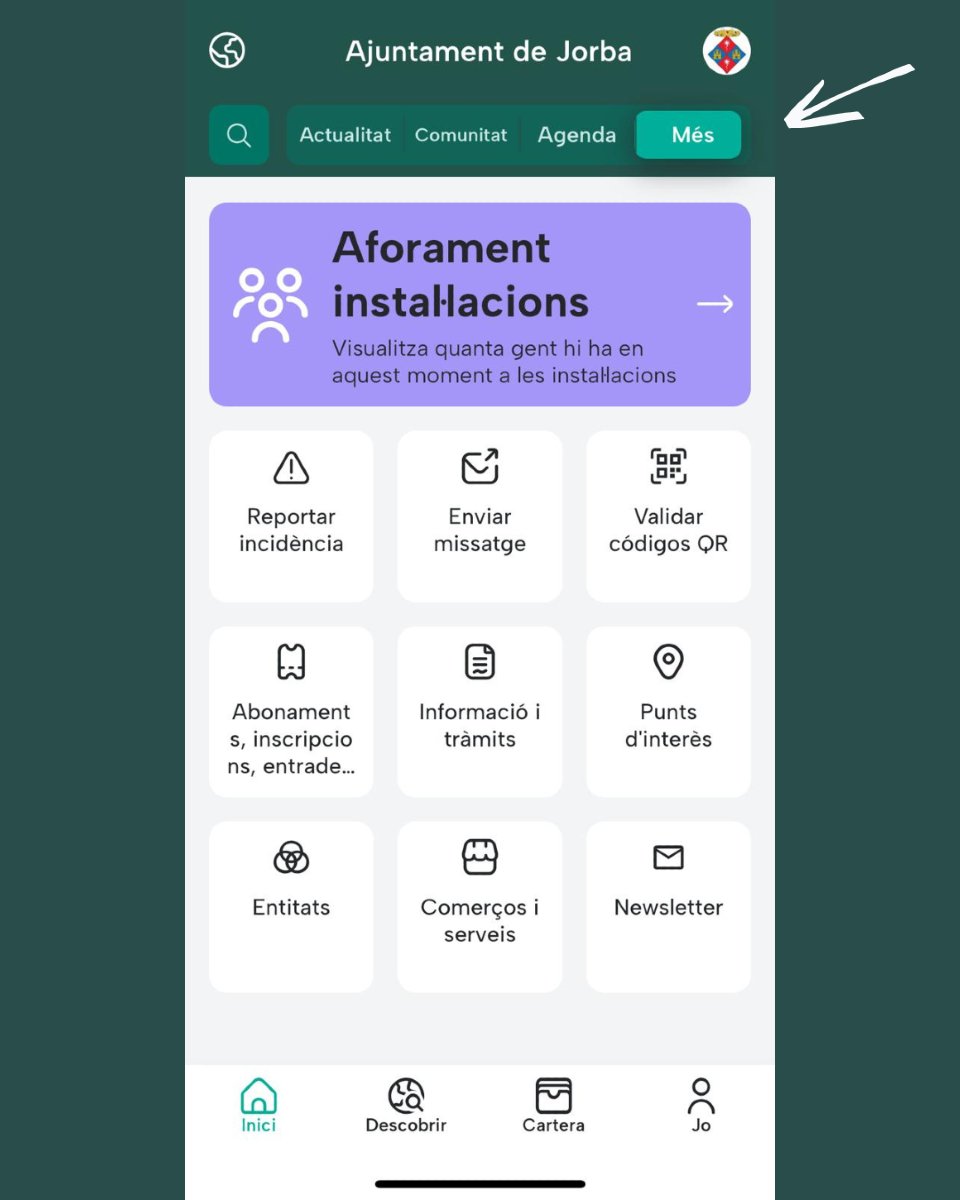 💦 Sabeu que podeu conèixer quantes places hi ha disponibles en temps real a la piscina municipal?
Ho podeu fer a través de l'App eAgora. Només cal entrar i anar a la pestanya superior "Més" i visualitzareu el bàner "Aforament instal·lacions"