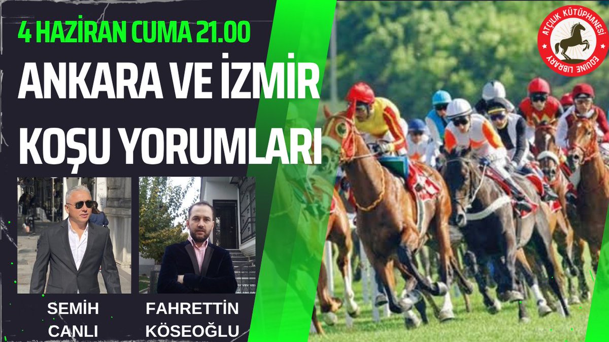 Atçılık Kütüphanesi’nde Bu Akşam 👇
 
 ⏰ 21.00
 🔍 ANKARA - İZMİR
 🗣️ SEMİH CANLI (<a href="/smhcnl/">Semih Canlı</a>) FAHRETTİN KÖSEOĞLU (<a href="/fahocan09/">Fahrettin Köseoğlu</a>)    
 📺youtube.com/watch?v=ukfUMR…

 🔗 Bildirimleri açmayı unutmayınız.