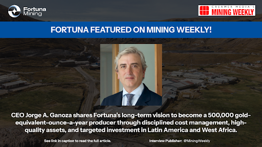fortunamining's tweet image. 📰 ICYMI: Fortuna Mining is featured in the June edition of Mining Weekly and Engineering News!
CEO Jorge A. Ganoza outlines our long-term strategy to become a 500,000 oz/year gold-equivalent producer by focusing on cost control, organic growth, and high-quality assets in Latin…