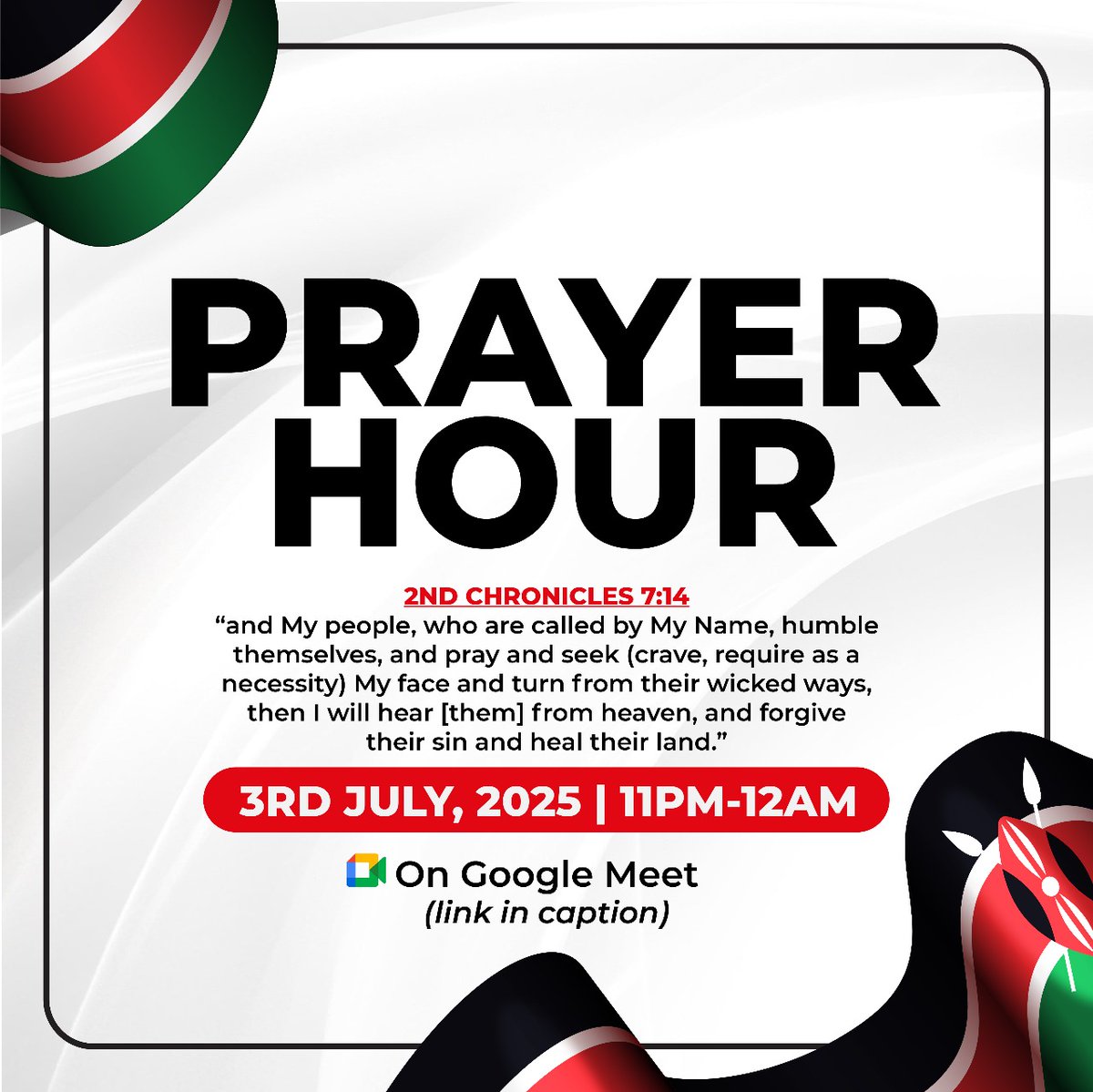 _CathyWambui's tweet photo. I am inviting you to pray tonight for our nation, Kenya. One hour of powerful intercession from 11pm -12am. Tag a prayer partner and get ready. Link is below. #PrayForKenya #OnlinePrayer
Google Meet Video call link: https://t.co/PGUlabLaH2 https://t.co/tNVkGWb7NR
