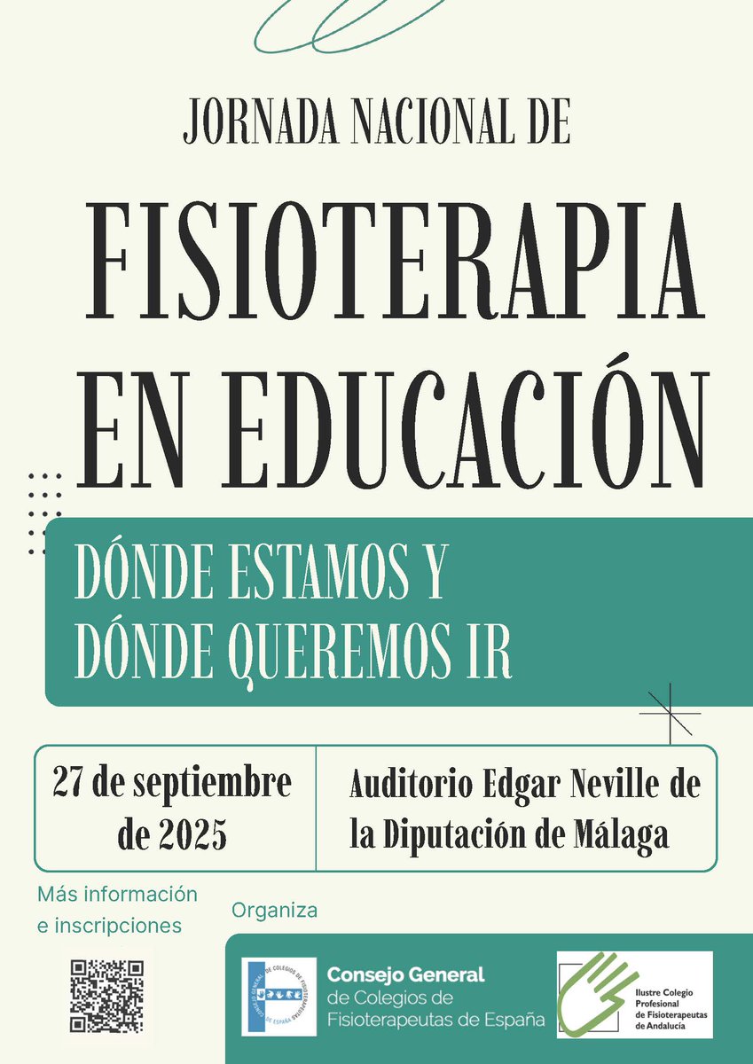 📢 Jornada Nacional de Fisioterapia en Educación
🗓️ 27 de septiembre de 2025
📍 Auditorio Edgar Neville – Diputación de Málaga
👥 Organiza <a href="/cgcfe/">CGCFE</a>

Un evento para compartir conocimiento, experiencias y avanzar en el papel de la fisioterapia dentro del ámbito educativo.