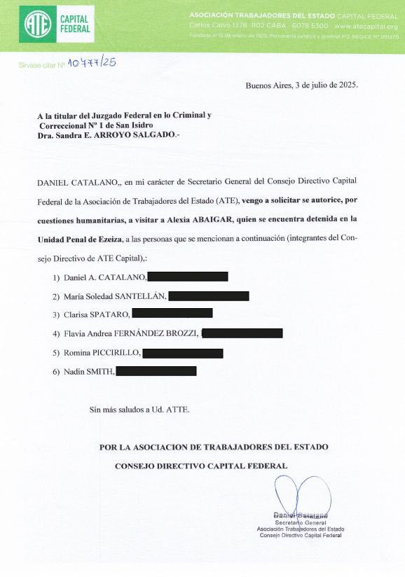 Solicité formalmente a la jueza Arroyo Salgado autorización para visitar a Alexia Abaigar. En un proceso plagado de irregularidades, tenemos que estar más presentes que nunca acompañándola a ella y a todos y todas las presas políticas. Tienen que saber que no vamos a soltarle la