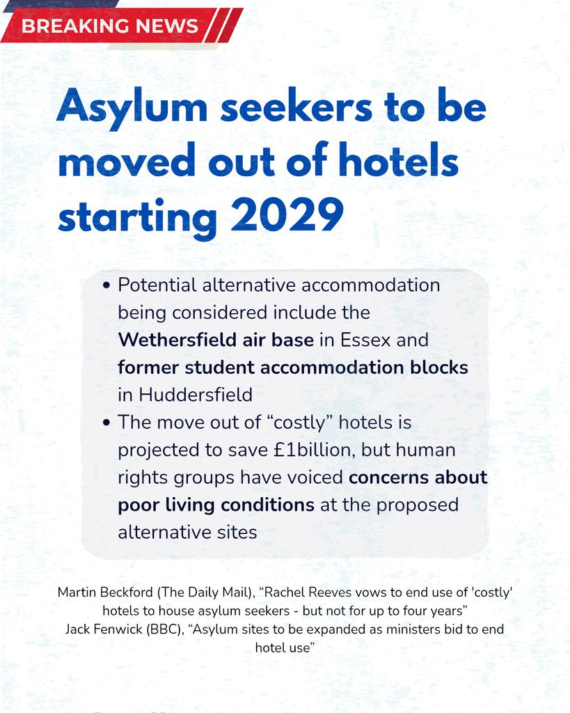 There are plans to move asylum seekers out of hotels starting 2029, but human rights groups have voiced concerns about the poor living conditions of alternative accommodation.

The Daily Mail:
dailymail.co.uk/news/article-1…
BBC:
bbc.co.uk/news/articles/…