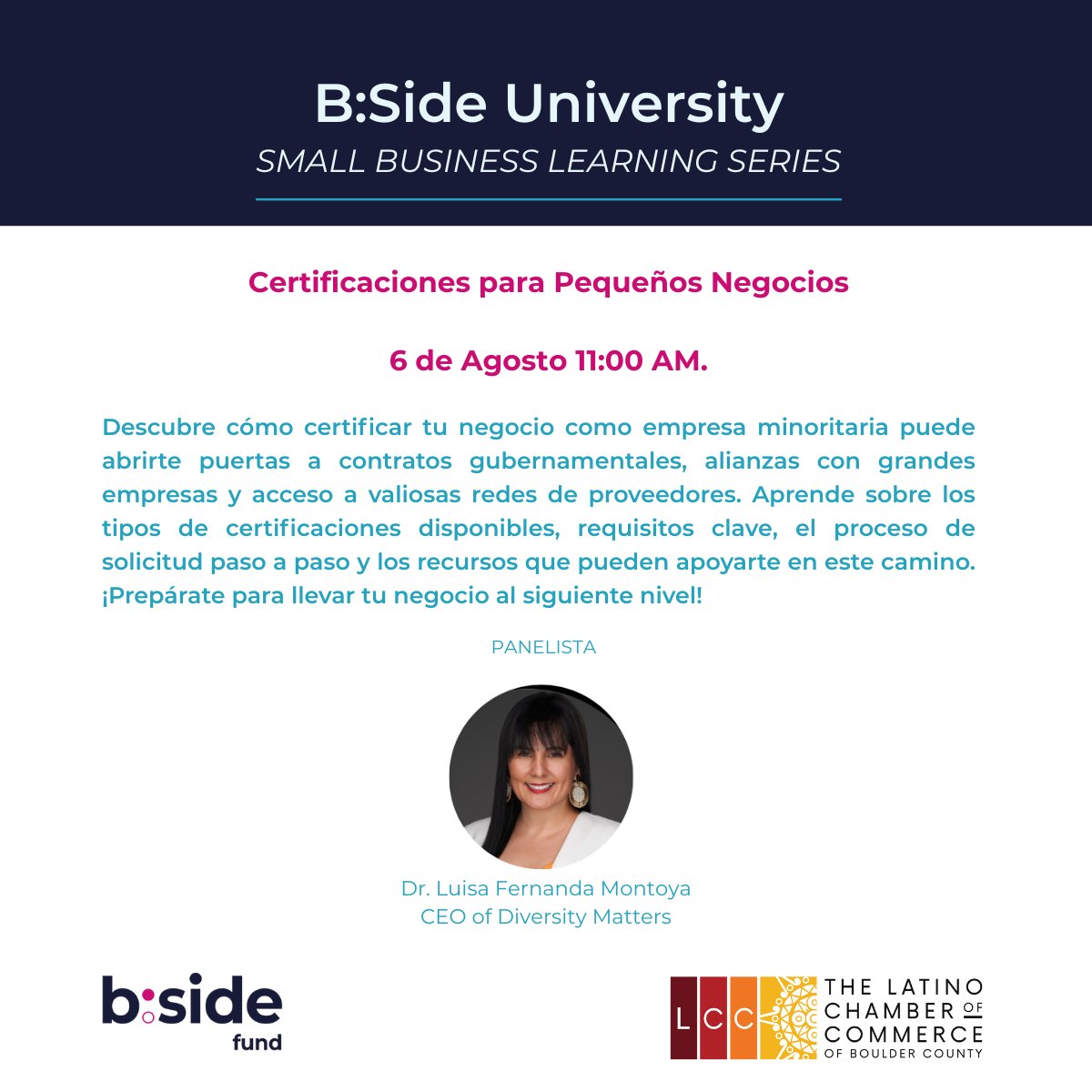 bside_capital's tweet photo. ¿Sabías que certificar tu negocio como empresa minoritaria puede ser la llave maestra para abrir nuevas puertas en el mundo empresarial? Únete a nosotros y The Latino Chamber of Commerce of Boulder County el 6 de agosto. ¡Regístrate ahora! https://t.co/sQlrAxvyhE https://t.co/Q37Q2PA0Tz