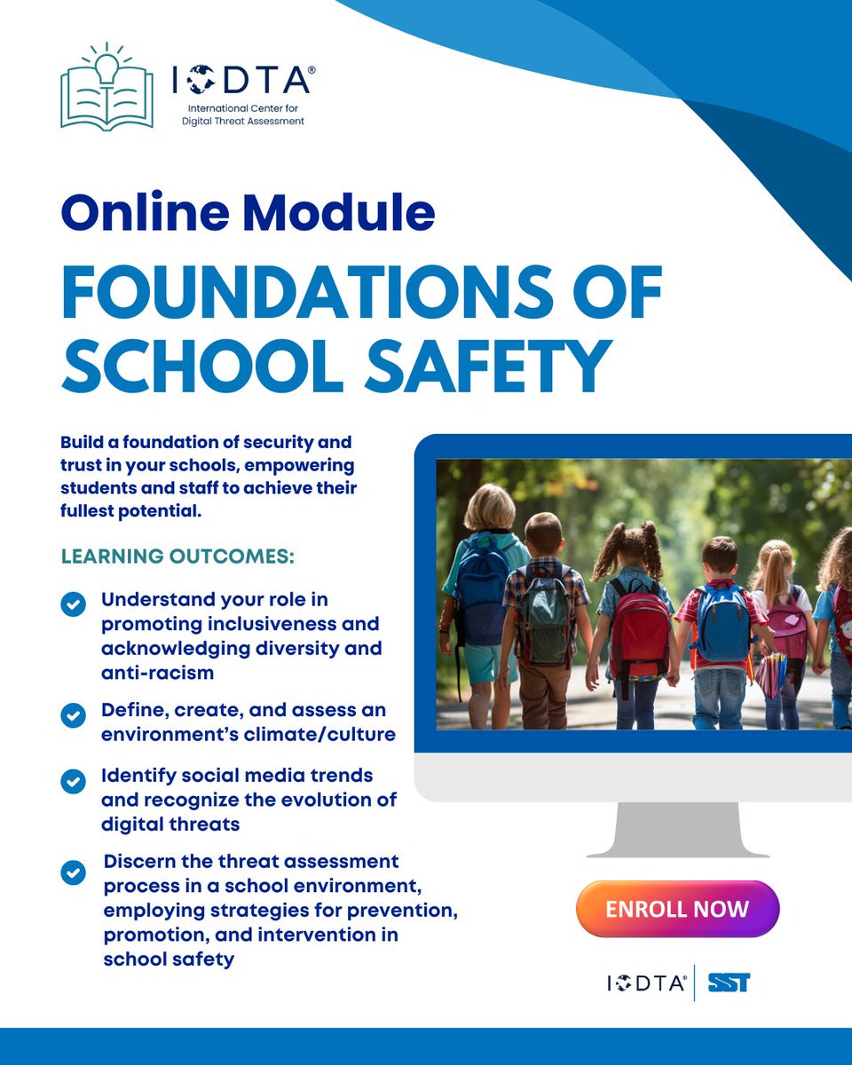 Learn the basics of school safety with ICDTA®!

SST's learning platform, The International Center for Digital Threat Assessment® (ICDTA), currently offers the Foundations of School Safety online learning module.

Enroll NOW: hubs.ly/Q03vm3Kj0