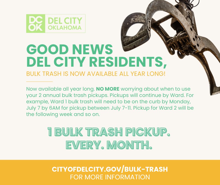 🗣️ WARD 1, DON’T FORGET! 🚛🗑️

Let’s keep our streets clean, safe, and looking their best. Thanks for doing your part, Ward 1! 👏✨

For Bulk Trash guidelines, visit: 
cityofdelcity.gov/bulk-trash