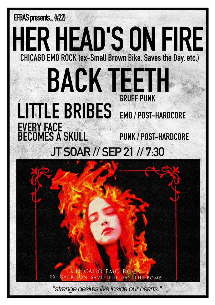 New gig: In September we're putting on Her Head's On Fire (Chicago, ex-Saves the Day, Small Brown Bike, Garrison), Back Teeth and <a href="/littlebribesyo/">Little Bribes</a> at <a href="/JTSoar/">JT Soar</a> in Nottingham.
