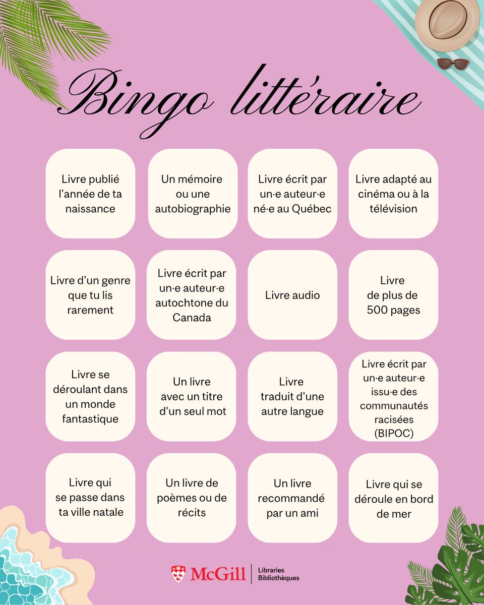 McGillLib's tweet image. 📚"Book written by an Indigenous Canadian author"; "Audiobook"; "Book recommended by a friend"+ much more! Broaden your reading horizons this summer with #McGill Book Bingo: mcgill.ca/x/iWA