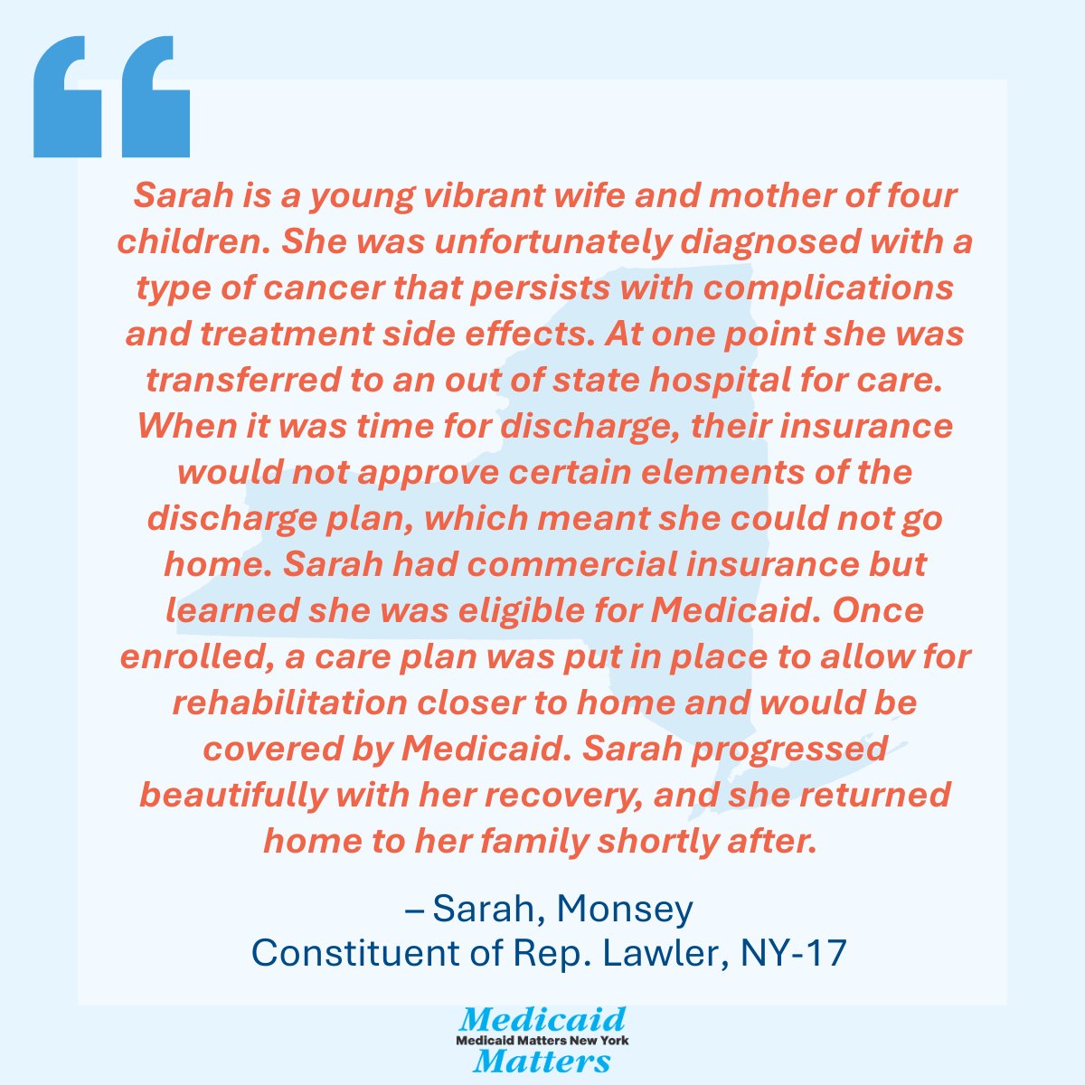 Medicaid Matters New York (@medicaidmtrsny) on Twitter photo Sarah lives in NY-17. She was able to get the cancer treatment she needed thanks to #Medicaid.
#HandsOffMedicaid #MedicaidMatters <a href="/RepMikeLawler/">Congressman Mike Lawler</a> Sarah lives in NY-17. She was able to get the cancer treatment she needed thanks to #Medicaid.
#HandsOffMedicaid #MedicaidMatters <a href="/RepMikeLawler/">Congressman Mike Lawler</a>