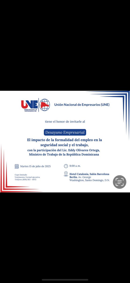 Invitamos a esta interesante actividad con el Ministro de Trabajo el Dr.  Eddy Olivares el martes 15/07. Interesados pueden comunicarse al 809-563-6973.
