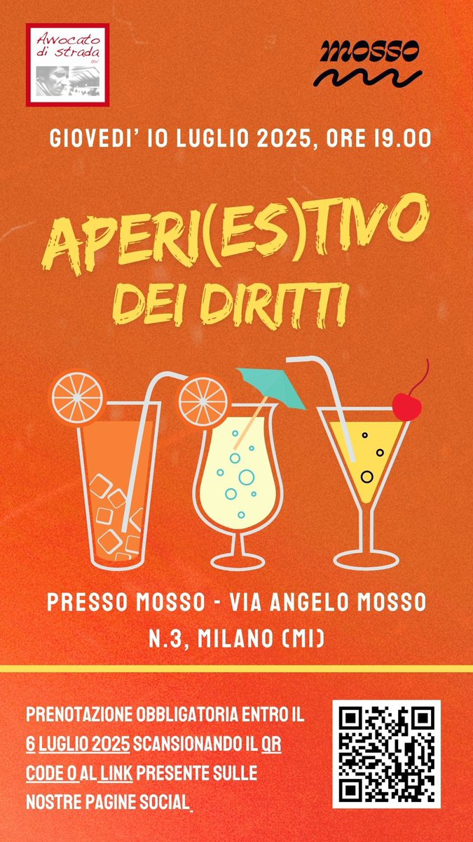 10.07.25 MILANO, APERITIVO DEI DIRITTI!

Giovedì 10 luglio 2025 alle 19 i volontari di Avvocato di strada Milano ti aspettano da Mosso per l’Aperi(ES)tivo dei Diritti: un’occasione speciale per brindare all’estate… e ai diritti di tutte e tutti!
donorbox.org/events/779577/…