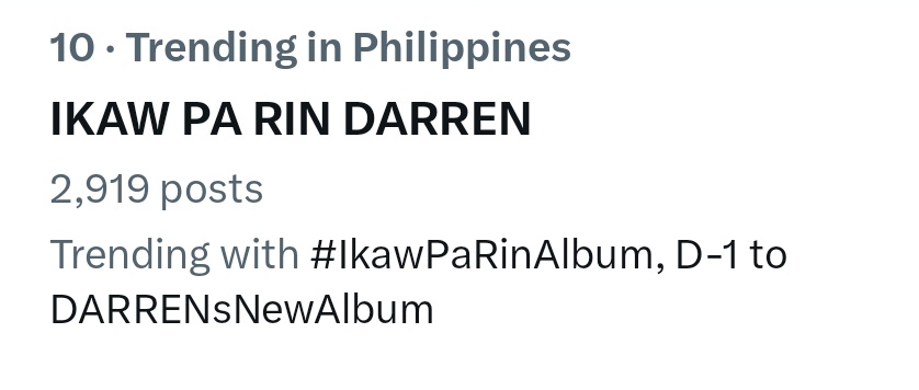 TheDarrenatics2's tweet photo. Officially entering the top TEN trending topics! Triple trending tags!

IKAW PA RIN DARREN
#IkawPaRinAlbum 
@Espanto2001 @StarMusicPH https://t.co/u5B554Ehzm