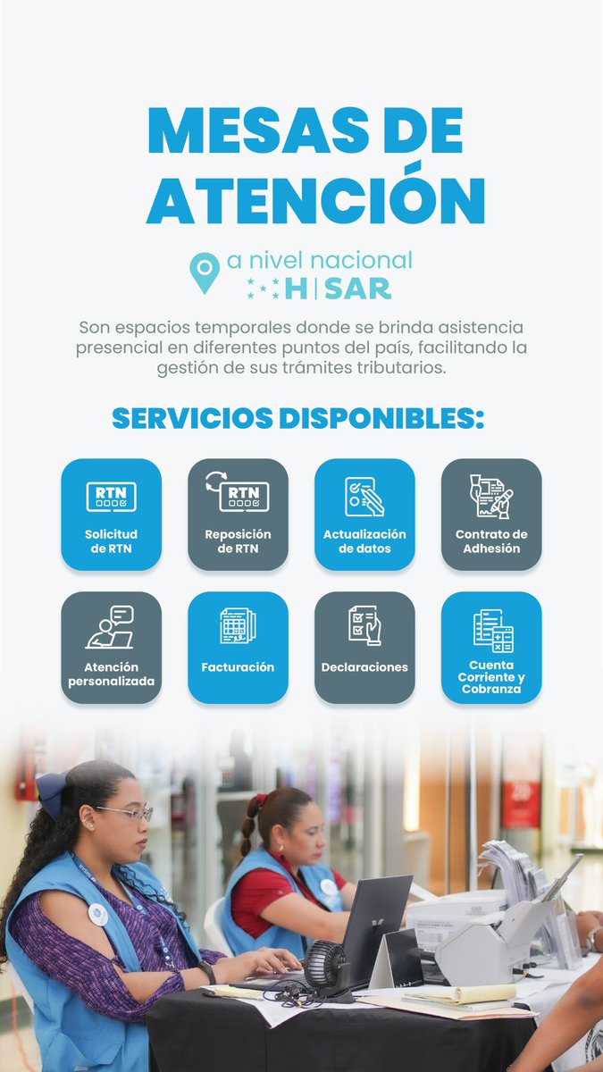 📣‼️ ATENCIÓN 

Este mes de julio, le invitamos a participar en las 𝐌𝐞𝐬𝐚𝐬 𝐝𝐞 𝐀𝐭𝐞𝐧𝐜𝐢𝐨́𝐧 del Servicio de Administración de Rentas (SAR). Realice sus gestiones tributarias y resuelva todas sus preguntas con nosotros.

🔗 Consulte el listado completo de las mesas y sus