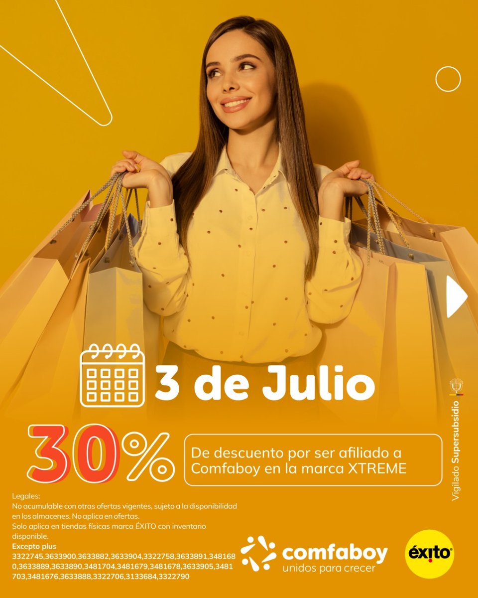 comfaboy's tweet photo. ¡Aprovecha tu afiliación Comfaboy y disfruta tu Mega Prima como se debe! Hoy 3 de julio, accede a descuentos exclusivos en Éxito por ser afiliado:  30%   en diferentes marcas - Válido solo en tiendas físicas Éxito. Aplican términos y condiciones. #Comfaboy #DescuentosExclusivos https://t.co/80ZtCZDAf2