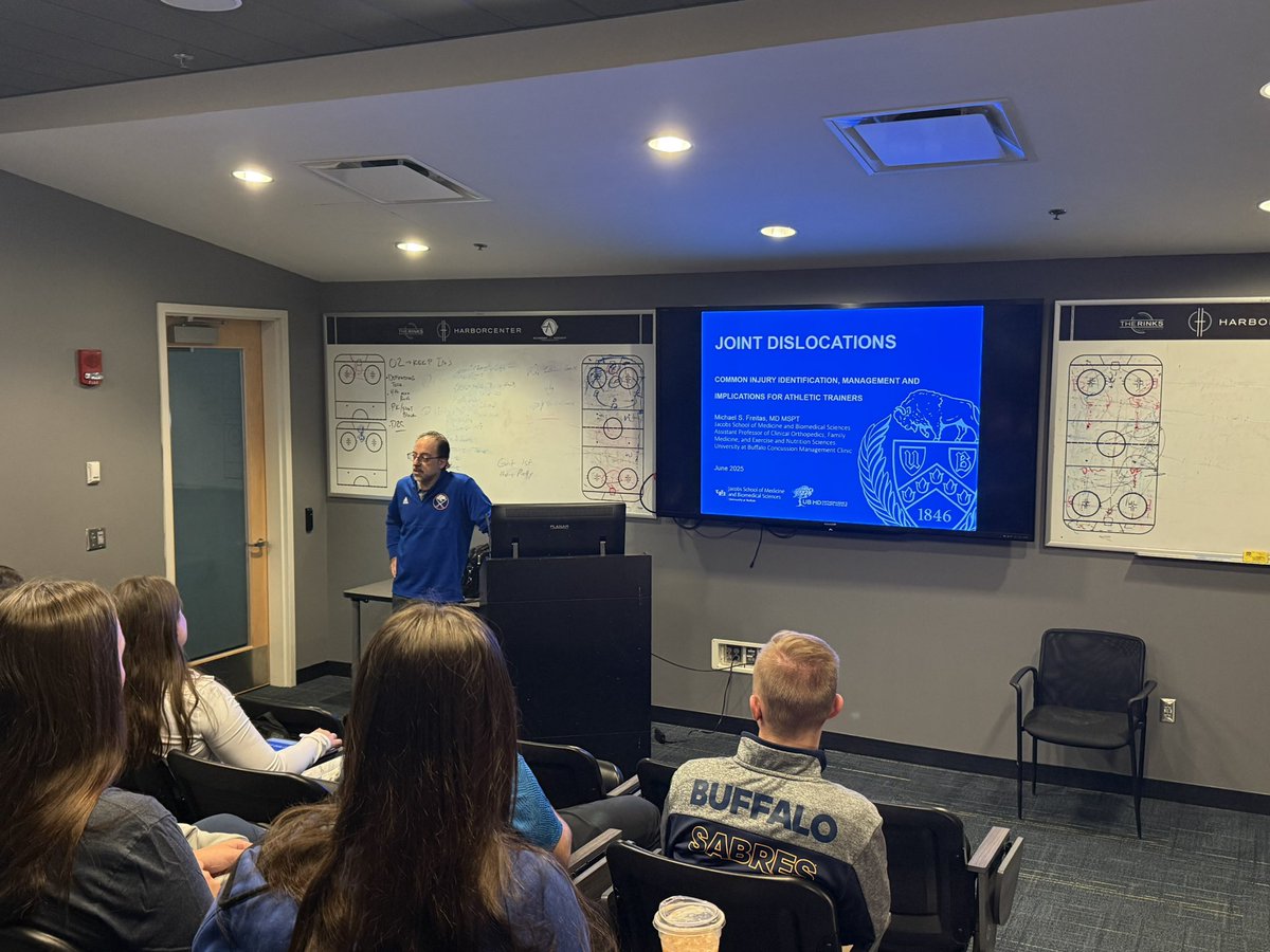 Buffalo_AT's tweet image. The first years were at Harborcenter this morning for a lecture on reducing joint dislocations from our medical director, @UBMDOrtho and a Sabres team physician, Dr. Freitas. We were able to watch some games as part of the Sabres camp too. #UBuffalo #UBSPHHP #JointReduction