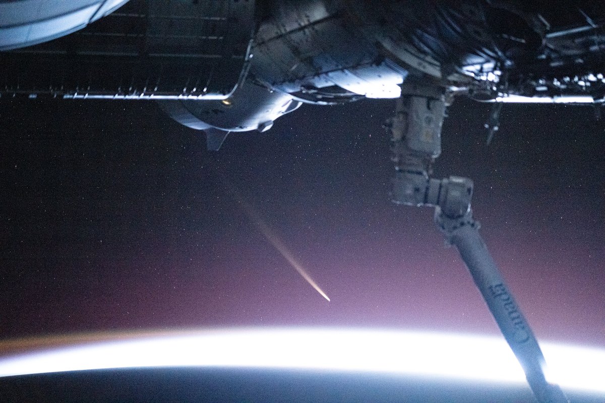 astro_Pettit's tweet image. Comet C/2024 G3 Atlas, photographed ~235 million miles away from the International Space Station, framed by Crew 8 Dragon and Canada arm.