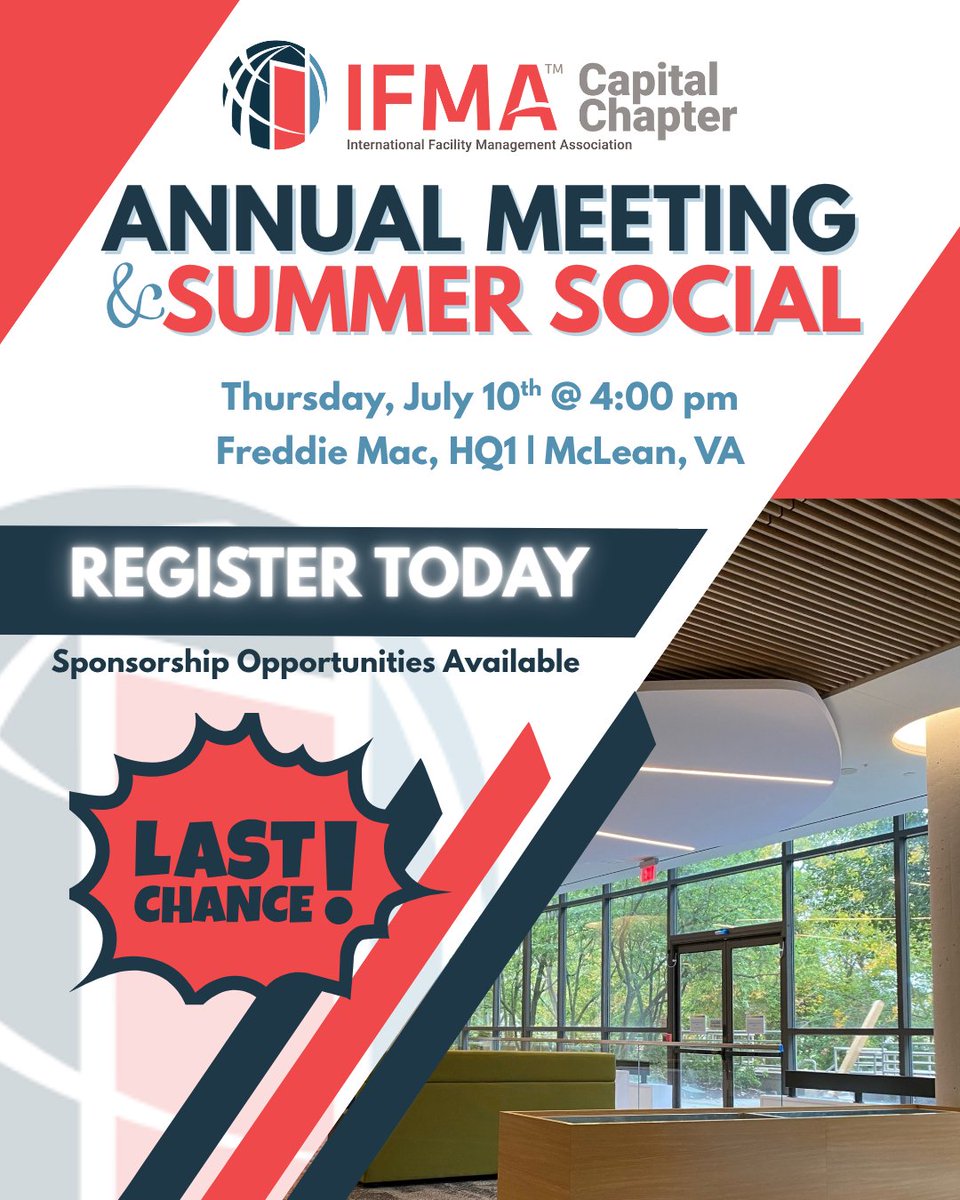Time is running out! Secure your spot at the IFMA Capital Chapter Annual Meeting &amp; Summer Social. Big insights, great connections, and a fantastic summer vibe await. Register now! ifmacap.org/meetinginfo.ph… #FM #ProfessionalDevelopment #LastChance