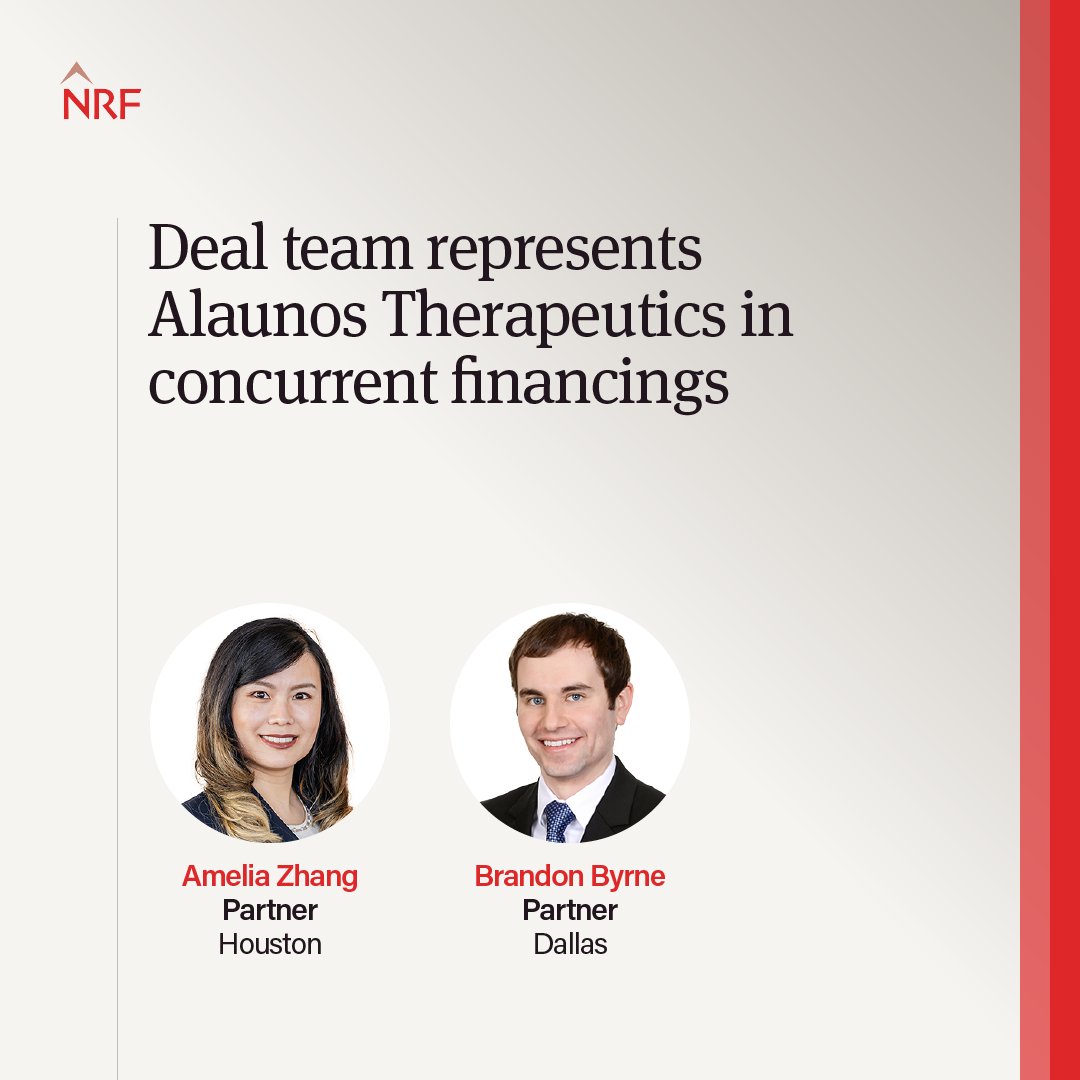 Amelia Zhang and Brandon Byrne recently led our representation of Alaunos Therapeutics in a Registered Direct Offering and concurrent private placement of A-2 convertible preferred stock to a single institutional investor. ow.ly/BiKx50WkvBa