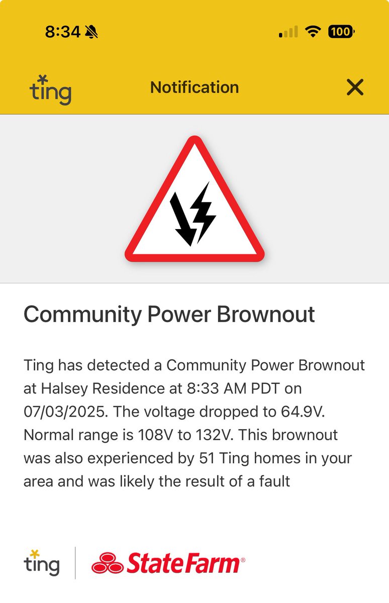 jkhalsey's tweet photo. @WashCoScanner That explains the brief power brownout in my neighborhood this morning.  I use a Ting sensor that monitors electricity at my house and it gave me this alert. https://t.co/MUjou2dzsF