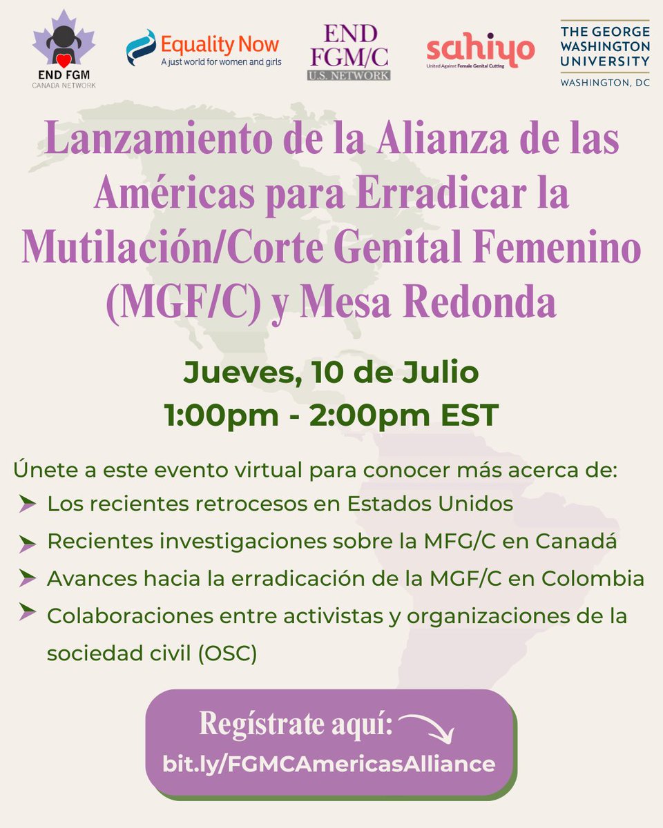 Lanzamos la Alianza de las Américas para Erradicar la MGF/C! 

Esta alianza nace de una coalición de organizaciones e instituciones comprometidas con poner fin a la mutilación/corte genital femenino (MGF/C) en el continente.

Regístrate ahora: bit.ly/FGMCAmericasAl…