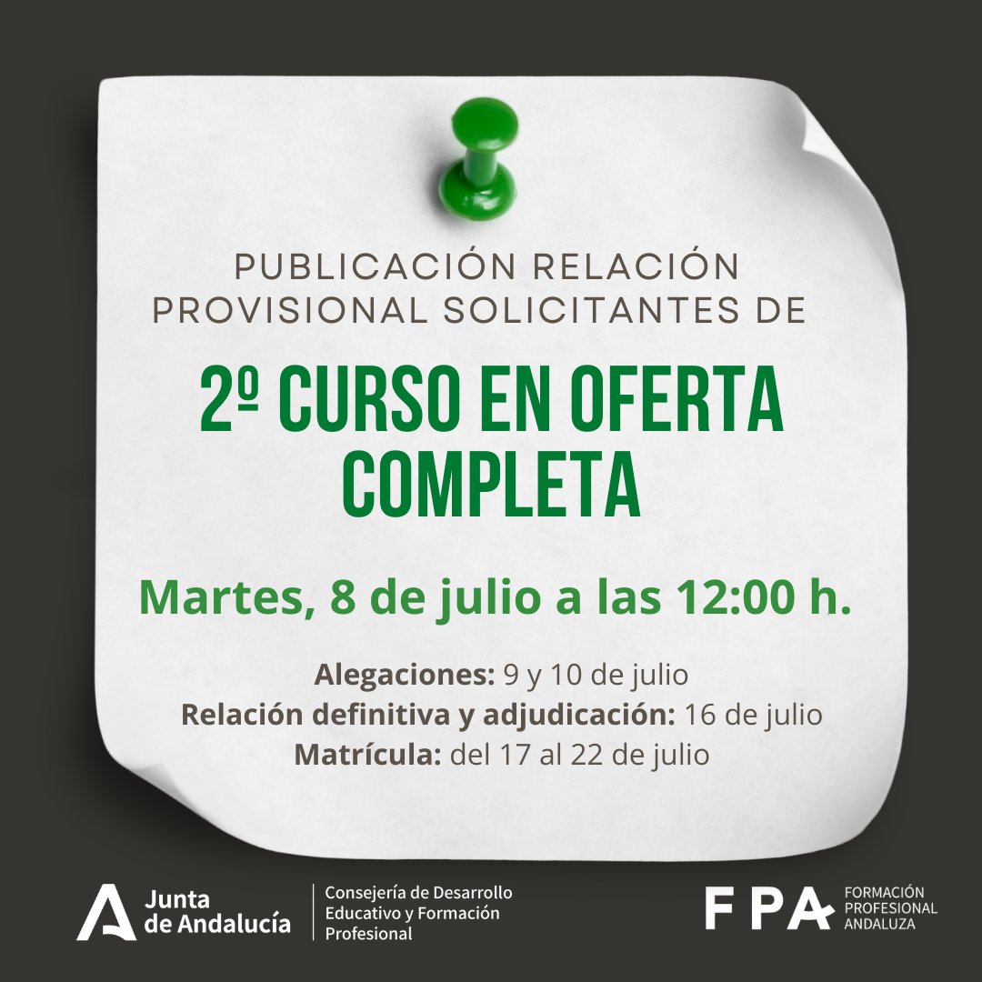 Formación Profesional Andaluza (@fpandaluza) on Twitter photo 📢 La publicación de la Relación Provisional de solicitantes de Segundo Curso de ciclos formativos en Oferta Completa se traslada al martes 8 de julio, a las 12:00 horas. Disculpen las molestias. <a href="/EducaAnd/">Consejería Desarrollo Educativo y FP</a>
➡️Alegaciones: 9 y 10 de julio 📢 La publicación de la Relación Provisional de solicitantes de Segundo Curso de ciclos formativos en Oferta Completa se traslada al martes 8 de julio, a las 12:00 horas. Disculpen las molestias. <a href="/EducaAnd/">Consejería Desarrollo Educativo y FP</a>
➡️Alegaciones: 9 y 10 de julio
