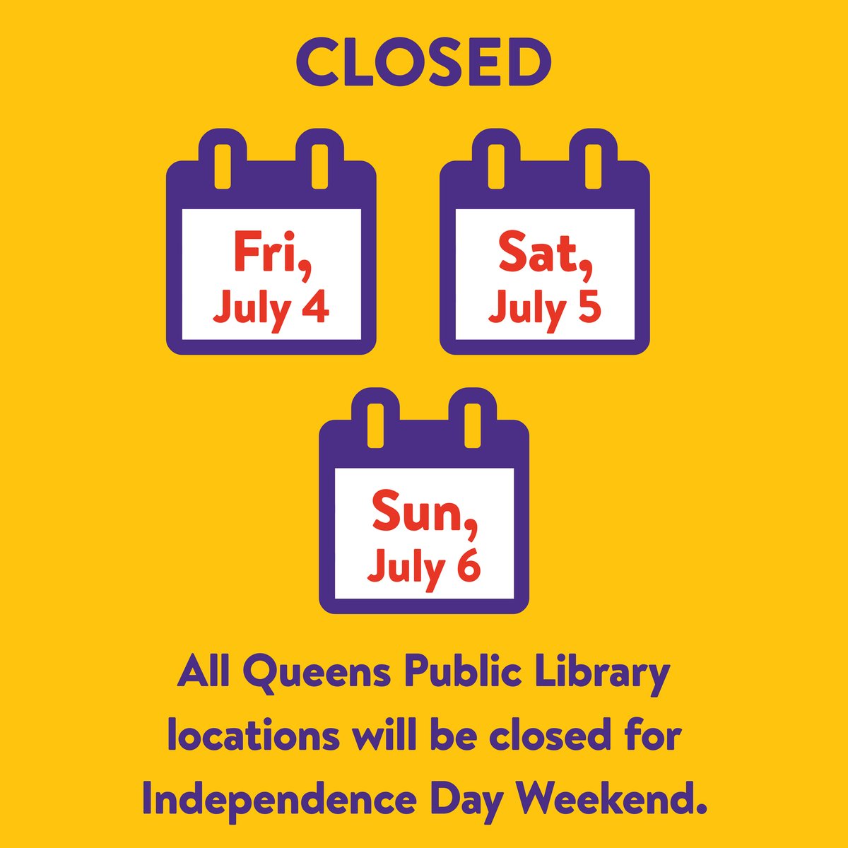 Reminder: All QPL locations will be closed for #IndependenceDay Weekend: #July4th, July 5th, and July 6th. 
Our digital media is always available from anywhere with an Internet connection—enjoy eBooks, eAudiobooks, eMagazines, music, movies, and more. 
queenslibrary.org/help/how-to-ac…