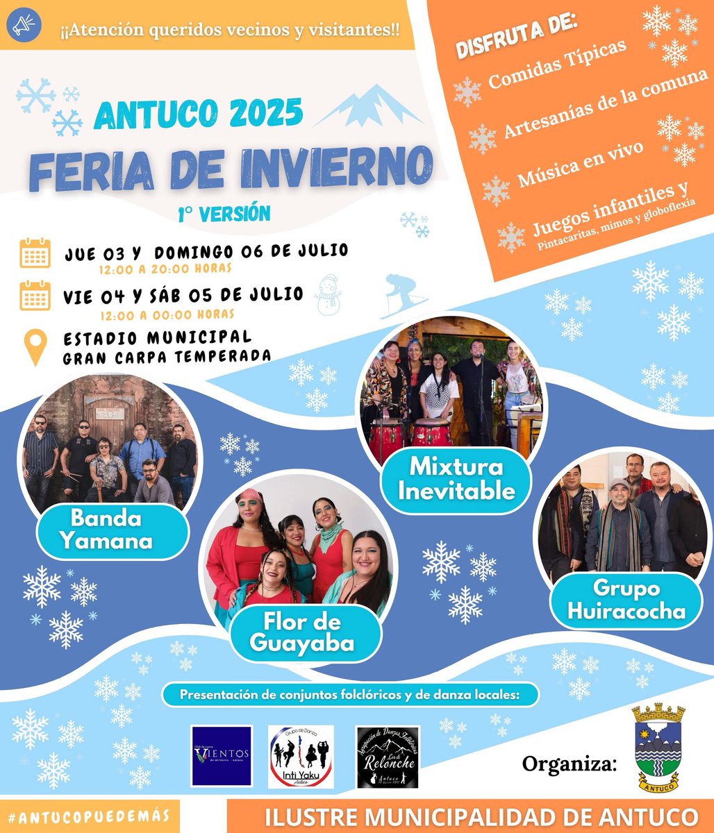 ¡¡Atención!! ¡¡Atención!! 🙌✌️Hoy gran lanzamiento de la 1° Feria de Invierno de Antuco 🎉🎊

La Ilustre Municipalidad de Antuco invita a todos nuestros vecinos, turistas y visitantes a la 1° versión de la Feria de Invierno de Antuco.