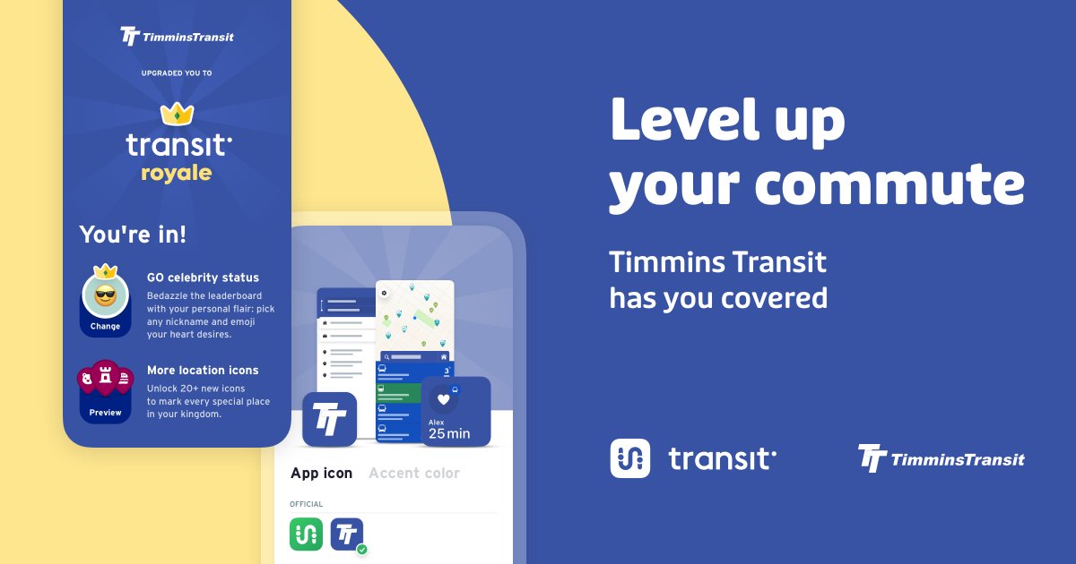 Like the Transit app? You’ll love your free upgrade to <a href="/transitapp/">Transit</a> Royale!

See where you bus is.
Find the fastest way.
Tap GO and be reminded when to leave, transfer, or get off the bus.

Timmins Transit riders are getting the Royale treatment 
#TimminsTransit #MyBus