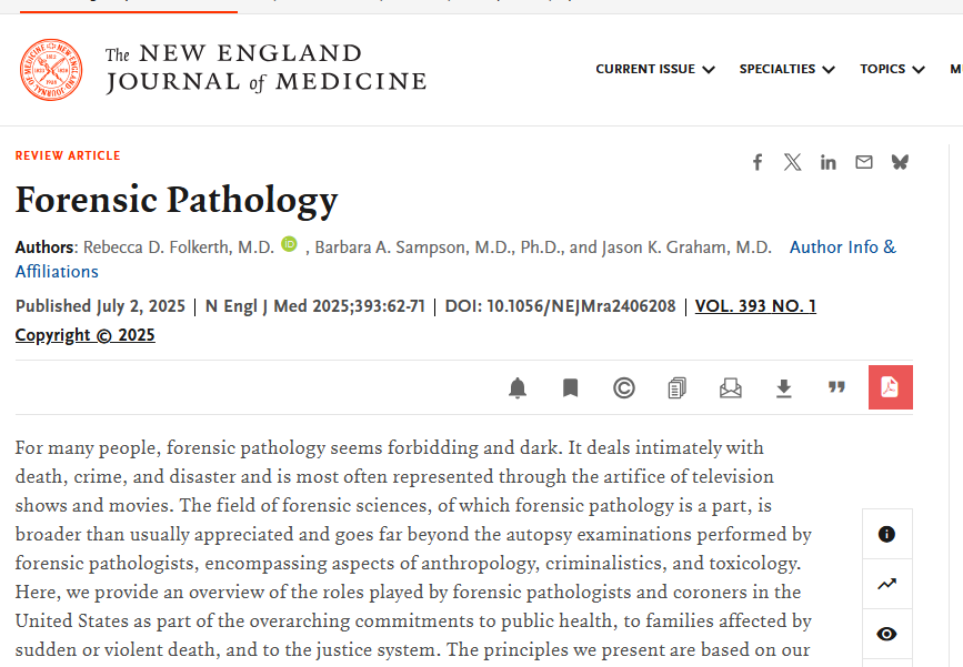 TheABPath's tweet image. A recent @NEJM review by ABPath Trustee Barbara Sampson, MD; former TDAC member Rebecca Folkerth, MD; and Jason K. Graham, MD, highlights the vital role of forensic pathologists in public health, the justice system, and for grieving families. nejm.org/doi/full/10.10… @BASampson 👏