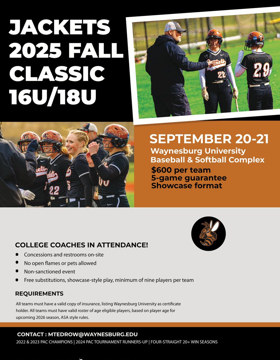Waynesburg University Softball (@wujacketssb) on Twitter photo Up next... how about the Jackets Fall Classic 16/18U Showcase!
Register:
waynesburguniversity.forms-db.com/view.php?id=10β¦
For more information: mtedrow@waynesburg.edu Up next... how about the Jackets Fall Classic 16/18U Showcase!
Register:
waynesburguniversity.forms-db.com/view.php?id=10β¦
For more information: mtedrow@waynesburg.edu
