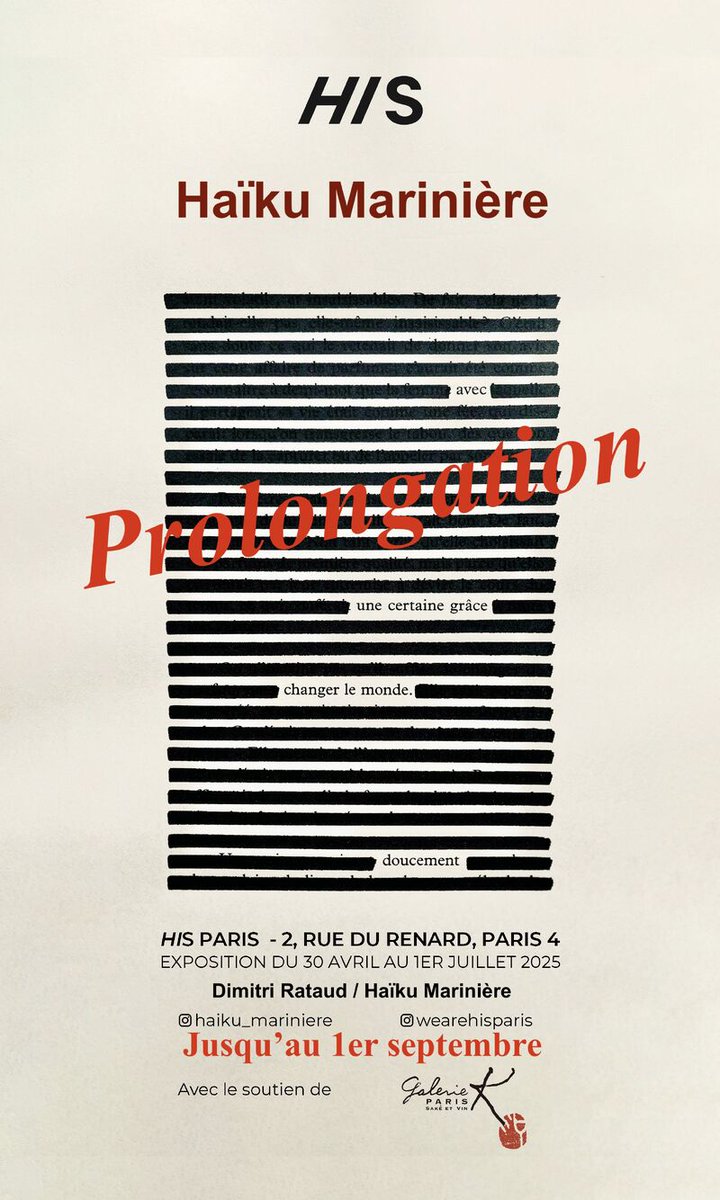 dimitrirataud's tweet photo. L'exposition consacrée à mes Haïkus Marinières chez HIS Paris se prolonge tout l'été. 
Merci 🎊 https://t.co/eAyoSbijyh