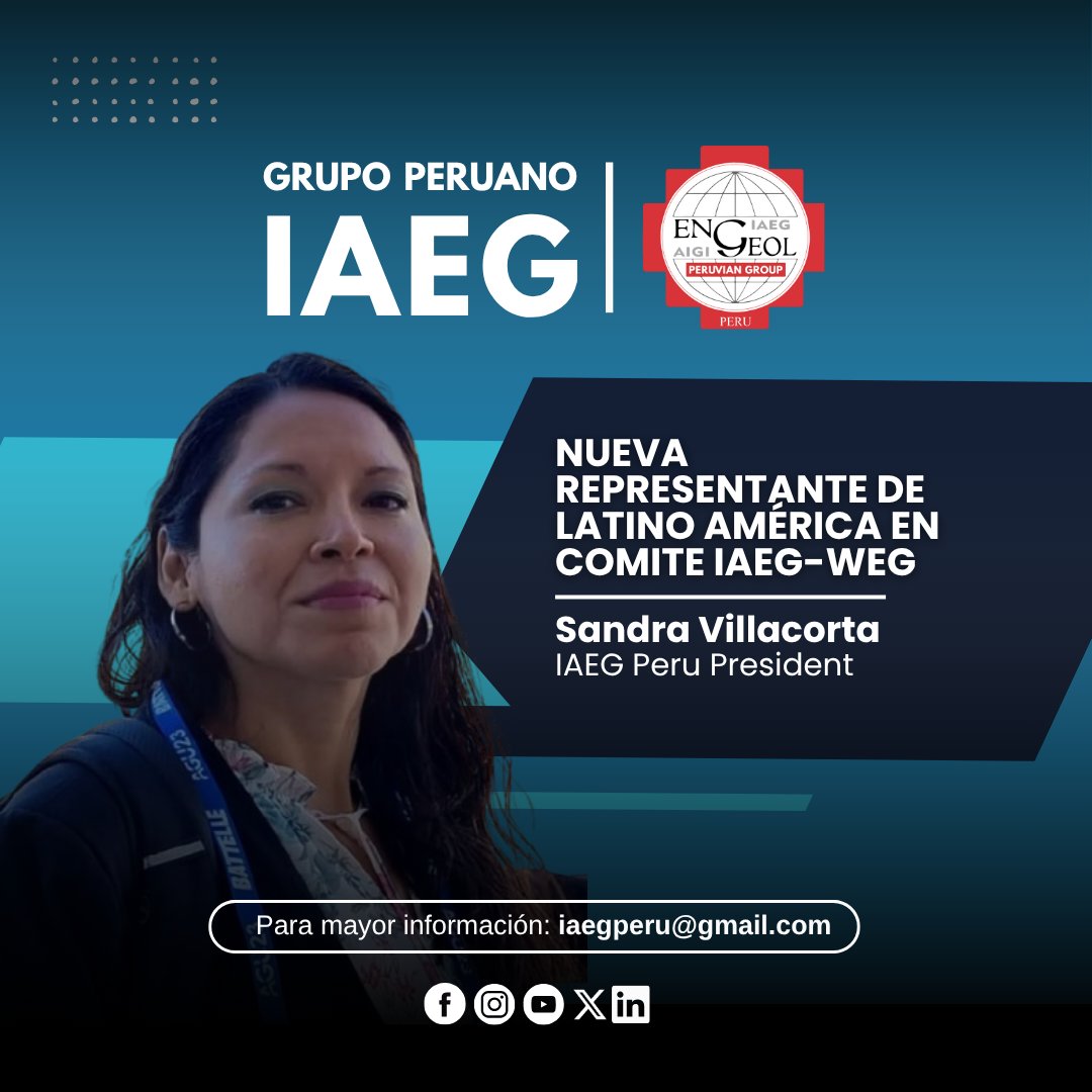 Nos enorgullece anunciar que *Sandra Villacorta,  *nueva representante de Latinoamérica en el Comité IAEG-WEG*.  
🔹 *IAEG* es un comité dedicado , visibilizar el trabajo de las **geólogas* y crear *redes de colaboración* para fortalecer su impacto en la industria.  
#IAEG