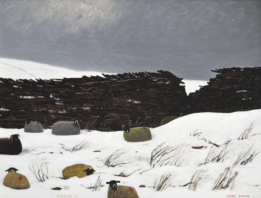 In ‘Drifting’ Peter Brook creates the feel and atmosphere of a harsh winter’s day. It is not just the deep snow, a perennial hazard for sheep on high ground sheltering against a wall, which creates the mood, but the ominous grey sky too, suggesting worse weather is on its way.