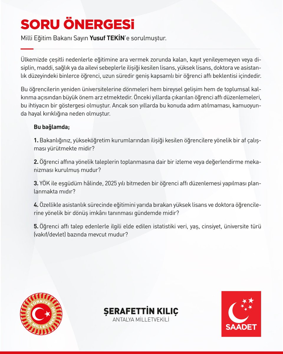 Ülkemizde çeşitli nedenlerle eğitimine ara vermek zorunda kalan, kayıt yenileyemeyen veya disiplin, maddi, sağlık ya da ailevi sebeplerle ilişiği kesilen lisans, yüksek lisans, doktora ve asistanlık düzeyindeki binlerce öğrenci, uzun süredir geniş kapsamlı bir öğrenci affı