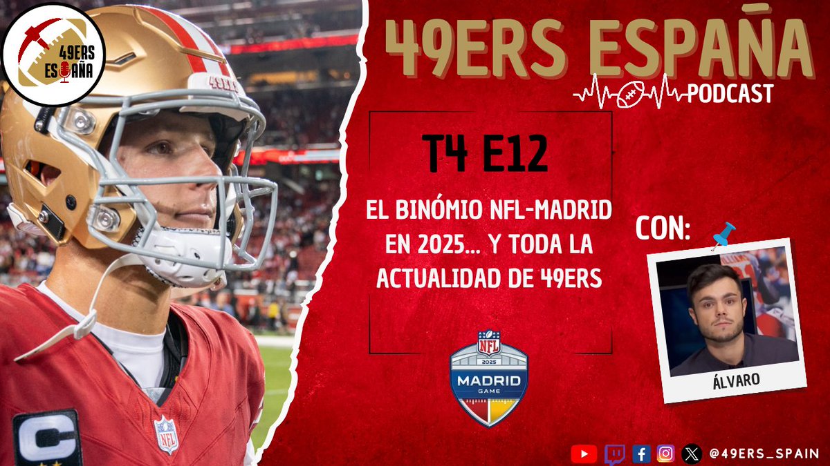 🎙️49ers España 𝗣𝗼𝗱𝗰𝗮𝘀𝘁🎙️ 
📽️ T4 E12
📆 Jueves 3 de julio 
⌚22:30🇪🇦/14:30🇲🇽
📍#Youtube ⤵️
youtube.com/live/yGBPqy64D…
📍#Twitch ⤵️
twitch.tv/49ers_spain

Hablaremos en directo con <a href="/AlvaroRRY/">Álvaro Rodríguez</a> para conocer más del partido de NFL en 🇪🇸 y repaso a los <a href="/49ers/">San Francisco 49ers</a>

#49ersESP