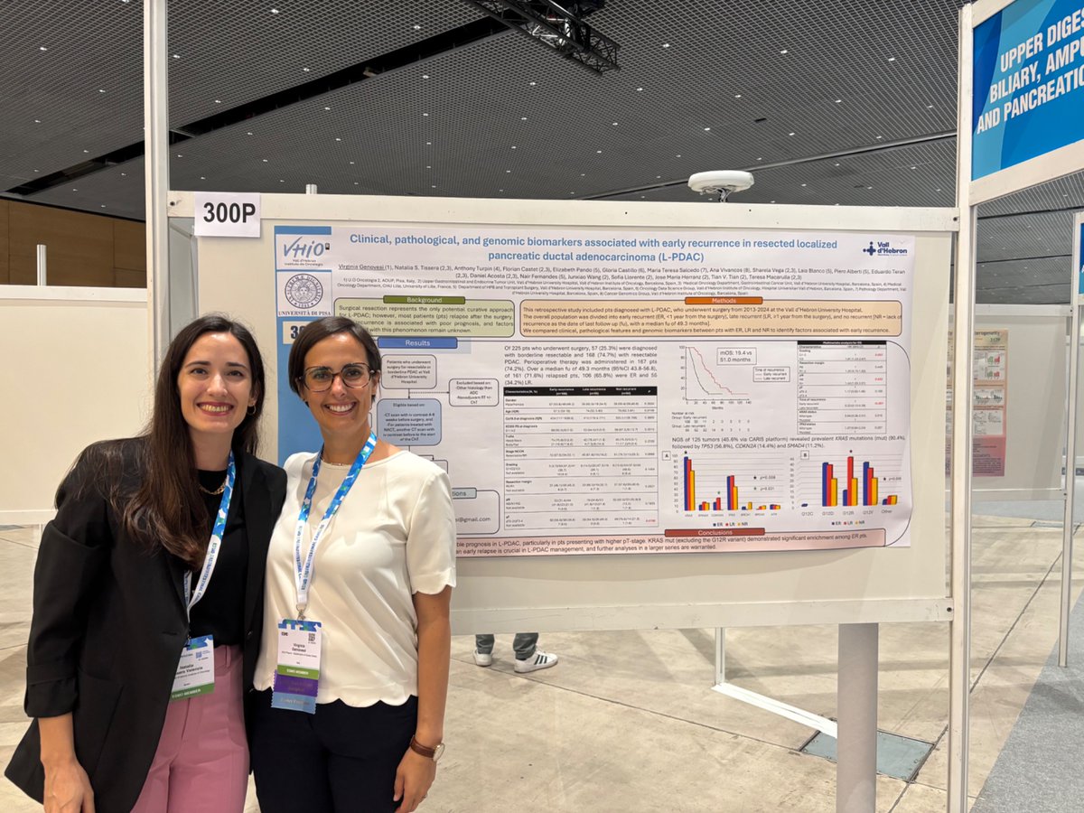 Natalia Tissera (@tisseranatalia_) on Twitter photo Couldn’t be prouder of you, <a href="/VGin93/">Virginia Genovesi</a> Congrats on presenting our study on ER in resected PDAC and for the travel grant!
Key findings ⬇️
• 66% relapsed <1 yr
• ER = worse OS
• pT3–4 tumors more common in ER
• KRAS mut (non-G12R) ↑ in ER
<a href="/VHIO/">Vall d’Hebron Institute of Oncology (VHIO)</a> <a href="/myESMO/">ESMO - Eur. Oncology</a> #ESMOGI25 Couldn’t be prouder of you, <a href="/VGin93/">Virginia Genovesi</a> Congrats on presenting our study on ER in resected PDAC and for the travel grant!
Key findings ⬇️
• 66% relapsed <1 yr
• ER = worse OS
• pT3–4 tumors more common in ER
• KRAS mut (non-G12R) ↑ in ER
<a href="/VHIO/">Vall d’Hebron Institute of Oncology (VHIO)</a> <a href="/myESMO/">ESMO - Eur. Oncology</a> #ESMOGI25