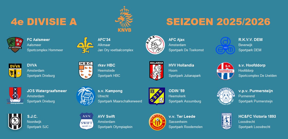 vpv Purmersteijn (@purmersteijn) on Twitter photo Wat een mooie (regionale) competitie is de <a href="/4eDivisie/">4e Divisie</a> A geworden!
Met <a href="/fcAalsmeer/">FC Aalsmeer ⚽️</a> <a href="/AFC34/">AFC34</a> <a href="/ajaxamateurs/">AJAX (am.)</a> <a href="/RKVV_DEM/">R.K.V.V. DEM</a> <a href="/csvDVVA/">csvDVVA</a> <a href="/hbcheemstede/">HBC Heemstede</a> <a href="/hollandiahoorn/">hollandia</a> <a href="/SVHoofddorp/">S.V. Hoofddorp</a> <a href="/JosWgm/">J⚽️S Watergraafsmeer</a> <a href="/KampongVoetbal/">Kampong Voetbal</a> <a href="/ODIN59/">ODIN '59</a> <a href="/vvsjc/">VV S.J.C.</a> <a href="/avvswift/">AVV Swift</a> <a href="/Ter_Leede/">VV Ter Leede</a> <a href="/victoria1893/">HC&FC Victoria 1893</a> Wat een mooie (regionale) competitie is de <a href="/4eDivisie/">4e Divisie</a> A geworden!
Met <a href="/fcAalsmeer/">FC Aalsmeer ⚽️</a> <a href="/AFC34/">AFC34</a> <a href="/ajaxamateurs/">AJAX (am.)</a> <a href="/RKVV_DEM/">R.K.V.V. DEM</a> <a href="/csvDVVA/">csvDVVA</a> <a href="/hbcheemstede/">HBC Heemstede</a> <a href="/hollandiahoorn/">hollandia</a> <a href="/SVHoofddorp/">S.V. Hoofddorp</a> <a href="/JosWgm/">J⚽️S Watergraafsmeer</a> <a href="/KampongVoetbal/">Kampong Voetbal</a> <a href="/ODIN59/">ODIN '59</a> <a href="/vvsjc/">VV S.J.C.</a> <a href="/avvswift/">AVV Swift</a> <a href="/Ter_Leede/">VV Ter Leede</a> <a href="/victoria1893/">HC&FC Victoria 1893</a>