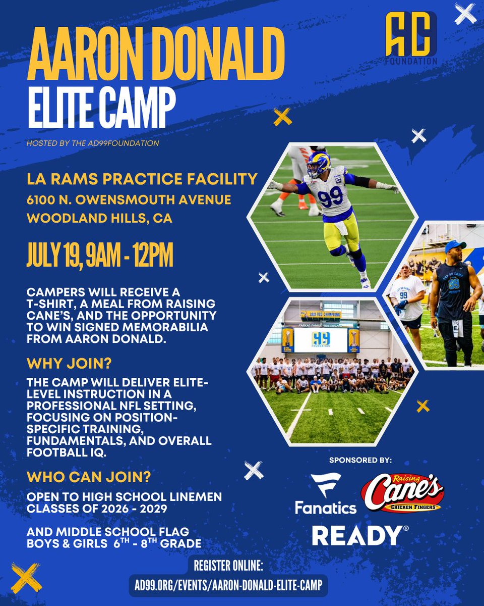 AD99Foundation's tweet image. Secure your spot now — there’s just a few spots remaining for the Aaron Donald Elite Camp, presented by the AD99 Foundation x Los Angeles @RamsNFL! Register now at the link in bio. @AaronDonald97