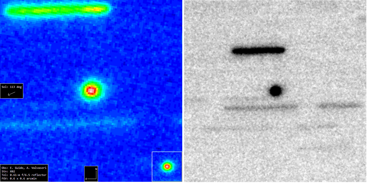 Ernesto Guido (@comets77) on Twitter photo New image of interstellar object 3I/ATLAS = C/2025 N1 (ATLAS). A stack of 91 exposures, each 30 seconds long, was obtained on 2025 July 03.2 from X02 (<a href="/TelescopeLiveHQ/">Telescope Live Observatory</a> , Chile) using a 0.61-m f/6.5 reflector + CMOS . The image shows a small, compact coma elongated toward PA 275 New image of interstellar object 3I/ATLAS = C/2025 N1 (ATLAS). A stack of 91 exposures, each 30 seconds long, was obtained on 2025 July 03.2 from X02 (<a href="/TelescopeLiveHQ/">Telescope Live Observatory</a> , Chile) using a 0.61-m f/6.5 reflector + CMOS . The image shows a small, compact coma elongated toward PA 275