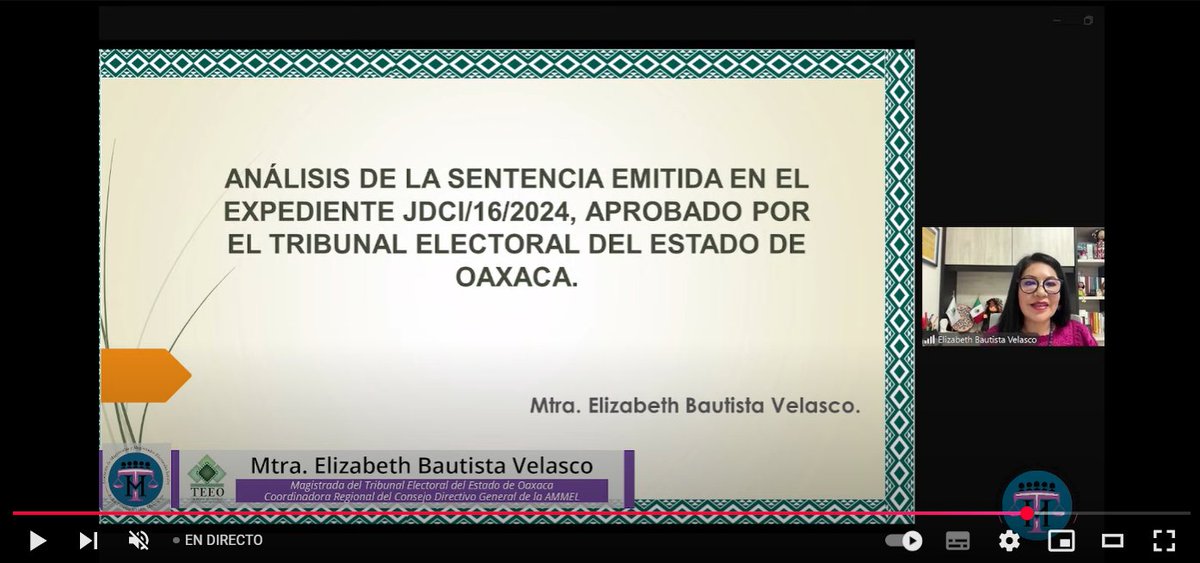 AMMEL (@ammeleum) on Twitter photo 👩⚖️ Segunda ponencia del Seminario VPG: Experiencias Jurisdiccionales Locales a cargo de:
La Magistrada Elizabeth Bautista Velasco <a href="/Eli_BautistaV/">Elizabeth Bautista V</a> del Tribunal Electoral del Estado de Oaxaca <a href="/TEEOax/">Tribunal Electoral del Estado de Oaxaca</a> presenta el caso JDCI/16/2024.
📺 Transmisión en vivo: youtube.com/live/JbwlysBVO… 👩⚖️ Segunda ponencia del Seminario VPG: Experiencias Jurisdiccionales Locales a cargo de:
La Magistrada Elizabeth Bautista Velasco <a href="/Eli_BautistaV/">Elizabeth Bautista V</a> del Tribunal Electoral del Estado de Oaxaca <a href="/TEEOax/">Tribunal Electoral del Estado de Oaxaca</a> presenta el caso JDCI/16/2024.
📺 Transmisión en vivo: youtube.com/live/JbwlysBVO…