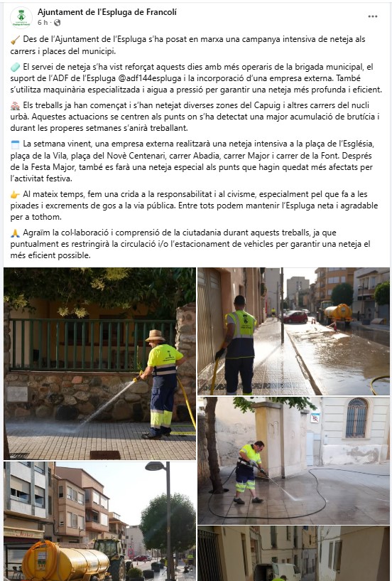 Des de <a href="/juntsxlespluga/">Junts per l’Espluga de Francolí</a> celebrem que s'hagi atès la petició que fèiem fa dies, a peticiió de moltes persones del nostre municipi, de duur a terme una neteja exhaustiva del municipi.

#esplugadefrancoli #JuntsxlEspluga #Espluga2027 #JuntsxCat #FemhoJunts
