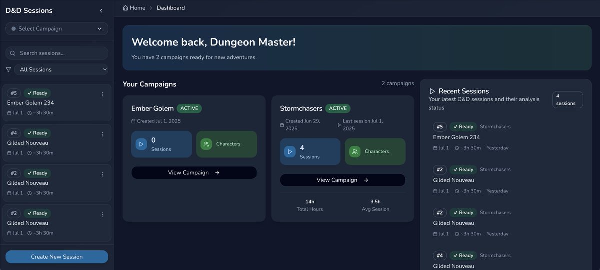 char_genAI's tweet image. 🎙️ NEW: RPG Session Summariser!

Turn a 4-hr session into a 5-min recap together with NPCs, Locations etc.

📌 Plot summaries
📌 NPC/Location tracking
📌 Session timeline &amp;amp; transcript
📌 Campaign dashboards

First session FREE. 

char-gen.com/rpg-session-su…

#DnD #TTRPG #RPGTools