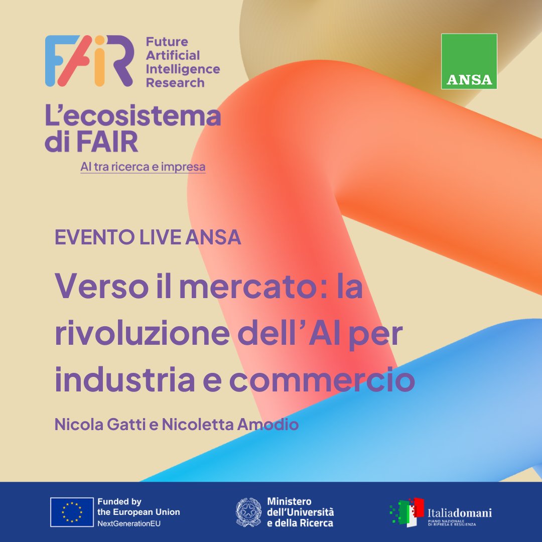 FondazioneFAIR (@fondazione_fair) on Twitter photo Il 14/7, al @PoliMi si terrà l'evento "Ecosistema FAIR: l’AI tra ricerca e impresa" con <a href="/Agenzia_Ansa/">Agenzia ANSA</a>. Interverranno 🎙️ Nicola Gatti @Polimi e Nicoletta Amodio <a href="/Confindustria/">Confindustria</a>.
Speech su: verso il mercato, l’AI per industria e commercio.
Iscriviti qui 👉 fondazione-fair.it/.../ecosistema… Il 14/7, al @PoliMi si terrà l'evento "Ecosistema FAIR: l’AI tra ricerca e impresa" con <a href="/Agenzia_Ansa/">Agenzia ANSA</a>. Interverranno 🎙️ Nicola Gatti @Polimi e Nicoletta Amodio <a href="/Confindustria/">Confindustria</a>.
Speech su: verso il mercato, l’AI per industria e commercio.
Iscriviti qui 👉 fondazione-fair.it/.../ecosistema…