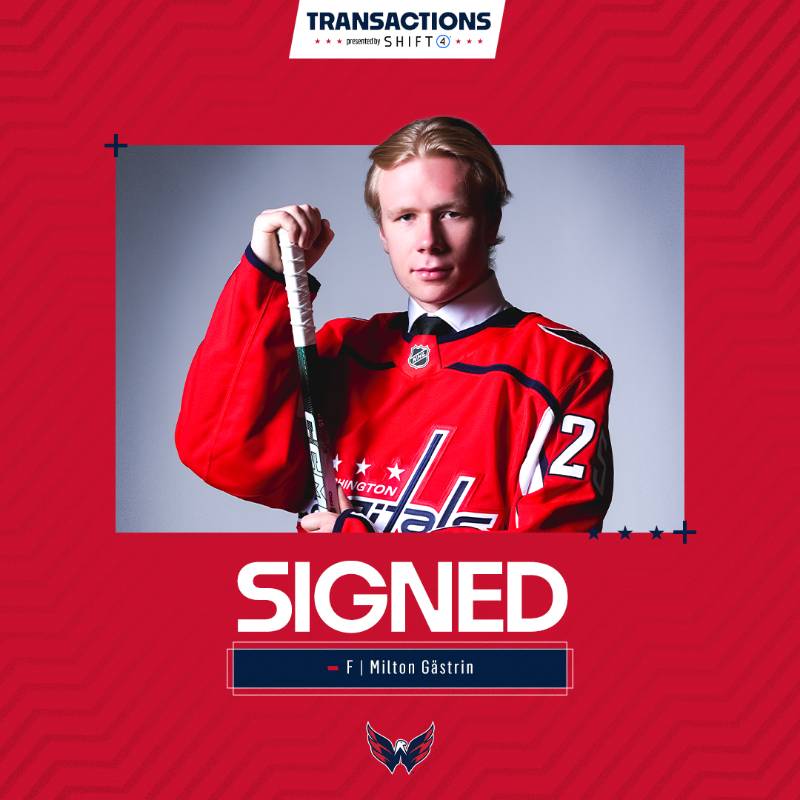 Capitals's tweet photo. NEWS | The Washington Capitals have signed forward Milton Gästrin to a three-year entry-level contract ($877,500/$85,000) beginning next season. Gästrin is expected to be loaned to MoDo (Sweden) for the 2025-26 season.
#ALLCAPS | @Shift4