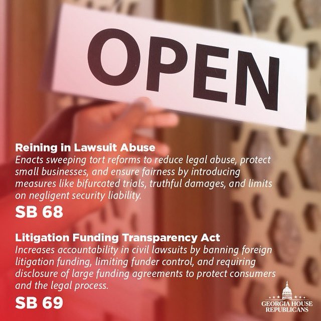 10thDGeorgiaGOP's tweet image. 📢 SB 68 &amp;amp; SB 69 = Legal Fairness

Small businesses and working families deserve a fair shot in court.

✅ SB 68 stops abusive, frivolous lawsuits
✅ SB 69 exposes secret, foreign-funded legal schemes
🛡️ Protects honest people &amp;amp; local business owners